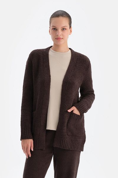 Dagi Dunkelbraune Chenille-Strickjacke