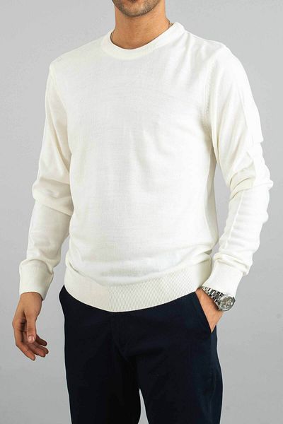bombe Men's White Slim Fit Crew Neck Cotton Sweatshirt Knitwear Sweater