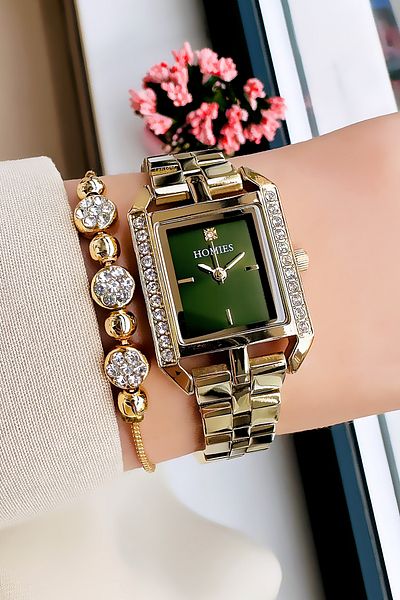 Homies Waterproof Gold Green Square Women's Wrist Watch - Steel Band Bracelet Hmby2032C4
