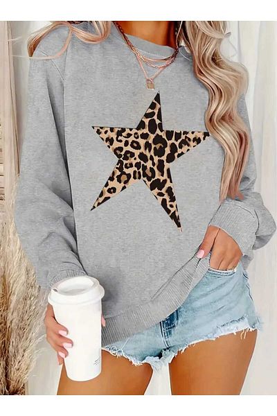 New Shine Γυναικείο φούτερ με λαιμόκοψη Leopard Star με σχέδιο Oversize