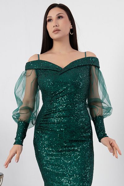 PULLIMM V-Neck Tulle Detail Sequin Dress 39939