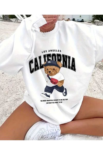 New Shine Γυναικείο φούτερ California Teddy Bear με μοτίβο - Oversize Crew Neck