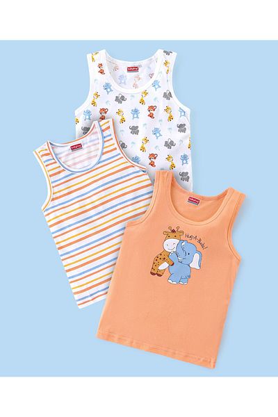 Babyhug 100 % Cotton Sando Sleeveless Striped & Animal Print Vests Pack Of 3 - White Orange