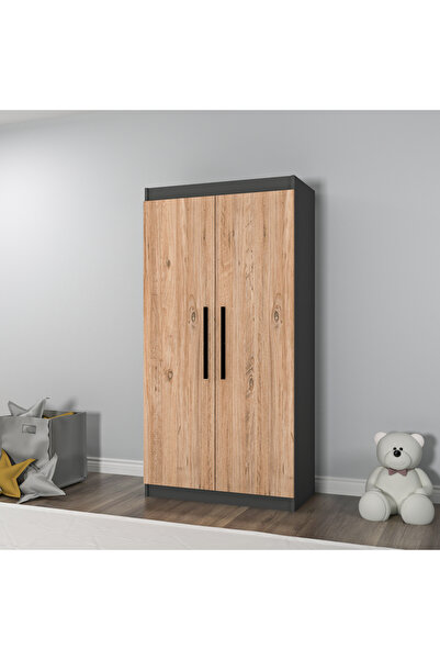 ARNETTİ Akser Atlantik Çam Antrasit Gardırop – 2 Kapaklı 7 Raflı Giysi Dolabı