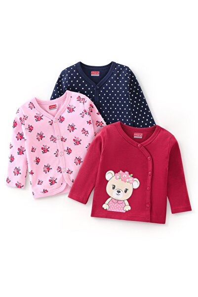 Babyhug سترات قطنية 100% بطبعة ورود ودب، عبوة من 3 قطع - وردي وأزرق وأحمر