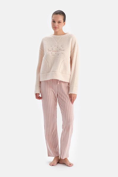 Dagi Ecru besticktes Fleece-Sweatshirt-Hosen-Pyjama-Set