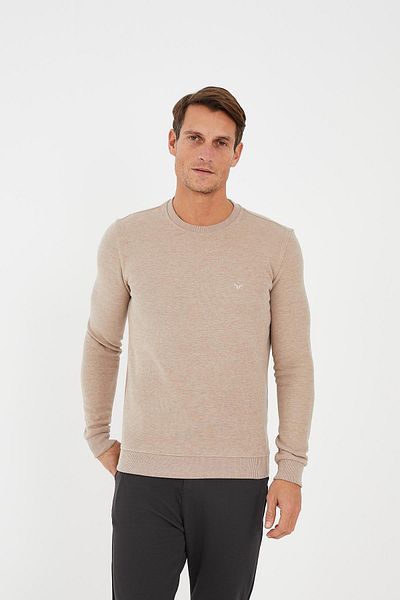 Maccali Men's Comfortfit Long Crew Neck Basic Ecru Sweatshirt