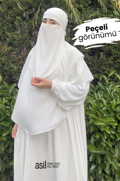 ASİLNUR Asil Ferace Sufle Peçe Takım Ekru (UMRE VE HAC KIYAFETİ)