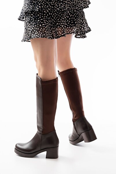 serkanseyyid 5109-3060 Kahverengi Topuklu Fermuarlı Günlük Kadın Çizme