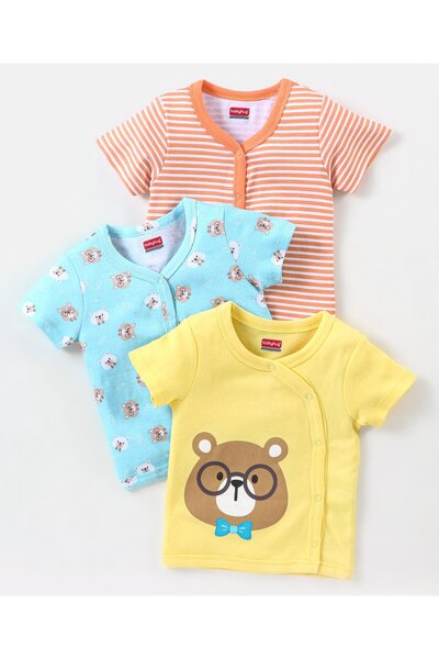 Babyhug سترات نصف كم من القطن بنسبة 100% بطبعة دب، عبوة من 3 قطع - أصفر وأزرق...