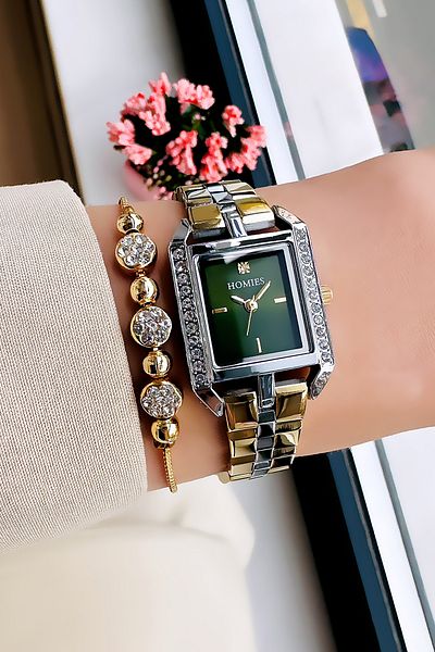 Homies Women's Wrist Watch - Waterproof, Rhinestone Square, Gold Silver Green, Steel Band Bracelet Hmby2032C3