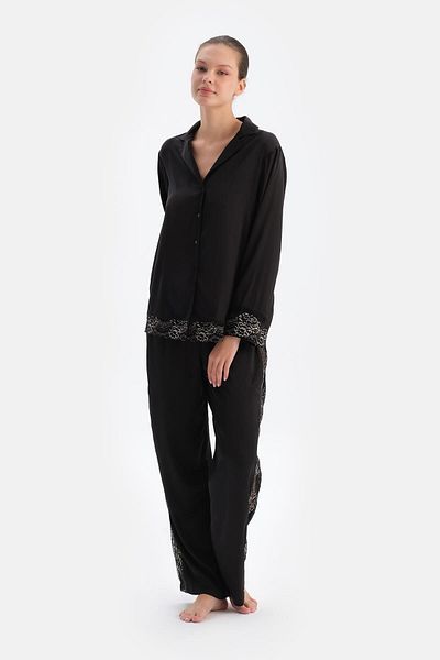 Dagi Pantaloni de mireasă din satin cu detaliu din dantelă neagră