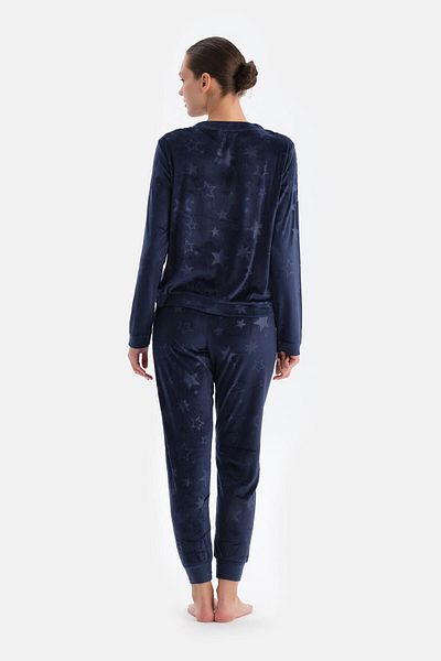Dagi Navy Blue Seersucker Star Printed T-Shirt Pants Pajamas Set