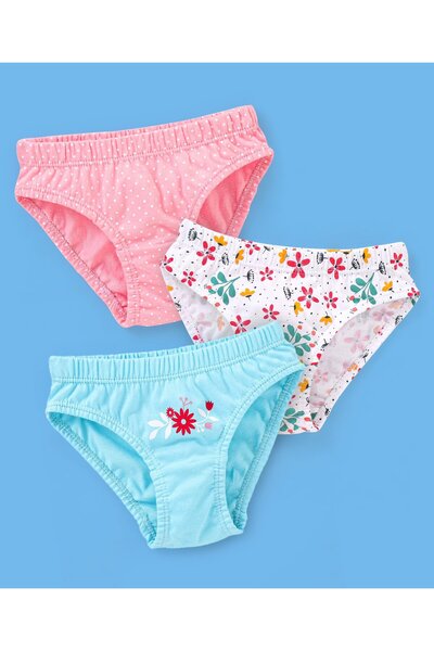Babyhug 100% Cotton Floral Printed Panties Pack Of 3 - Blue Pink & White