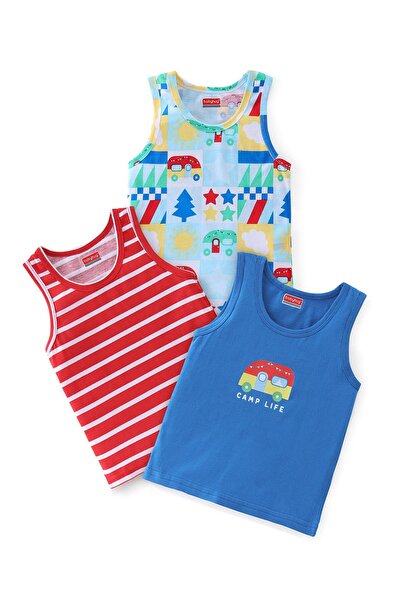 Babyhug 100% Cotton Knit Sleeveless Sando Stripes & Car Print Pack of 3 - Red...