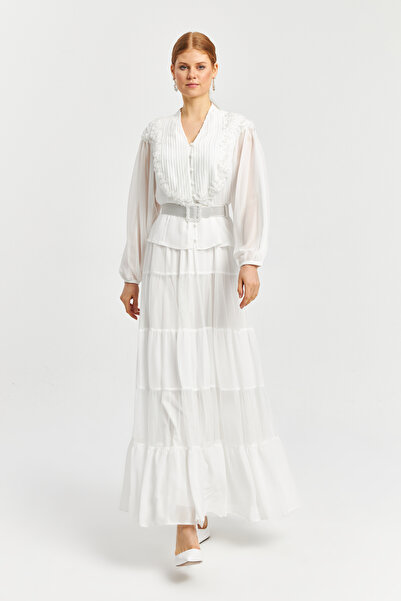 İnce Pilise ve İşleme detaylı Uzun Şifon Abiye Elbise