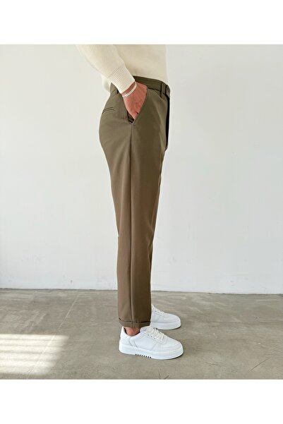 NO1 KONSEPT Χακί ελαστικό υφασμάτινο παντελόνι με διπλό πόδι με λεπτή εφαρμογή
