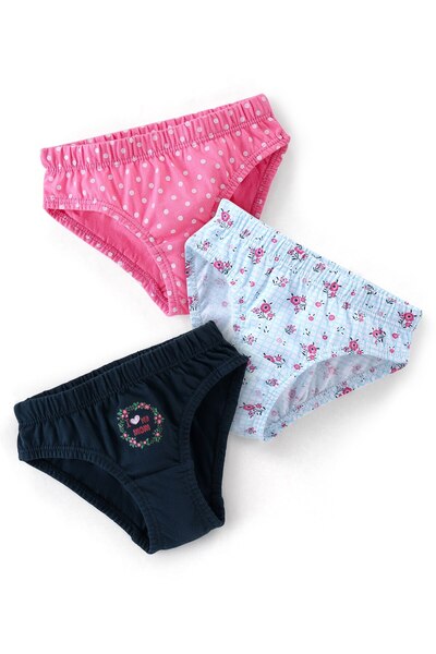 Babyhug 100% Cotton Panties Floral Print Pack of 3 - Pink Turquoise & Navy