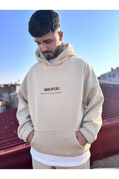 New Shine Κρεμ φούτερ με κουκούλα Unisex Seasonal Oversize με στάμπα βαμβακερή 3 κλωστή