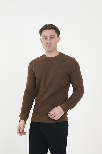 Maccali Men's Comfortfit Long Crew Neck Basic Brown Sweatshirt