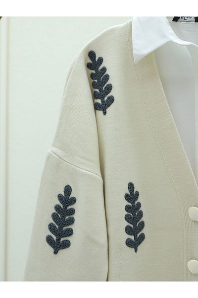 Modamorfo Cream Color Embroidered Knitwear Cardigan - Buttoned