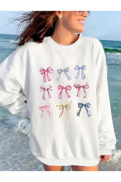 New Shine Φούτερ Crew Neck Oversize - Πολύχρωμο και Φιόγκο με στάμπα για γυναίκες