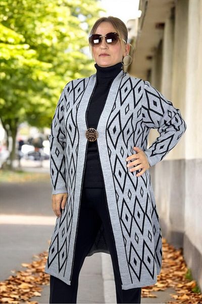 yagmurberen Baklava Patterned Broch Detailed Long Sleeve Shal Collar Large Size Knitting Cardigan