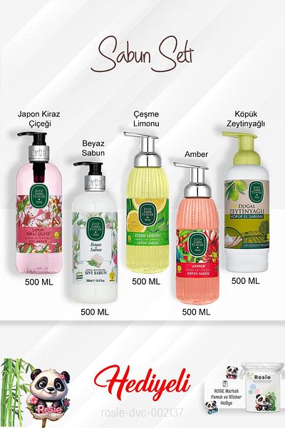 Eyüp Sabri Tuncer 500 ml Soap Package Amber, Fountatin Lemon, Japanese Cherry Blossom, White Soap, Olive Oil and Rosie