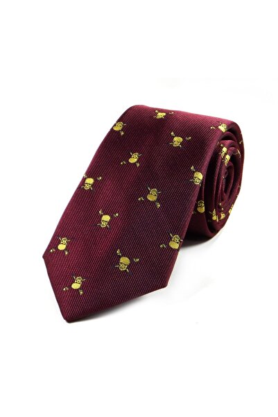 Sade Kravat Bordo Sarı Kuru Kafa Motifli Orta İnce İpek Kravat 30186 Bordo