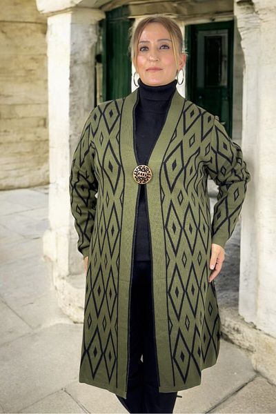 yagmurberen Baklava Patterned Broch Detailed Long Sleeve Shal Collar Large Size Knitting Cardigan