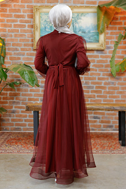 Nursima 6348 Stone Detailed Belted Grain Tulle Fabric, Lined Hijab Evening Dress