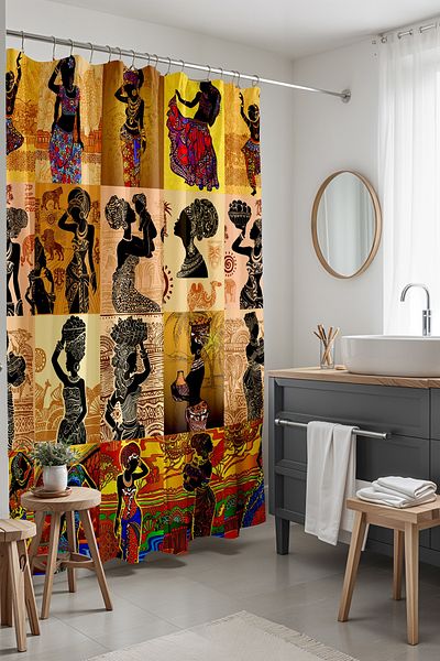 EVPANYA Κουρτίνα μπάνιου - 175x200cm Μοτίβο Αφρικανών Γυναικών και Παιδιών Σιλουέτες, Κουρτίνα μπάνιου