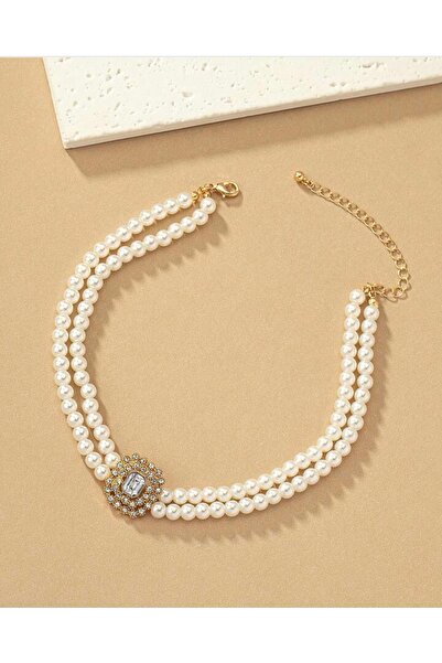 Manu Collection Kadın gold Choker model inci kolye kenarları taşlı