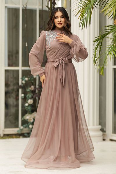 Nursima 6348 Stone Detailed Belted Grain Tulle Fabric, Lined Hijab Evening Dress