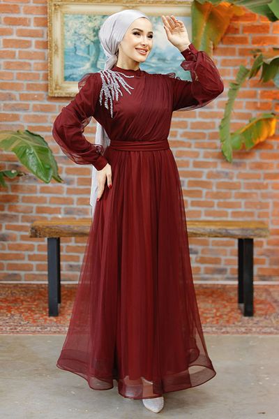 Nursima 6348 Stone Detailed Belted Grain Tulle Fabric, Lined Hijab Evening Dress