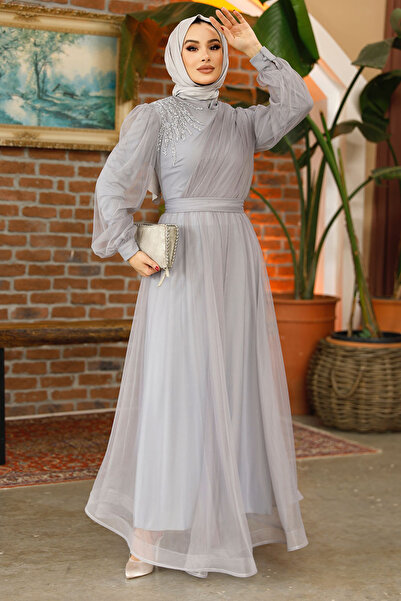 Nursima 6348 Stone Detailed Belted Grain Tulle Fabric, Lined Hijab Evening Dress