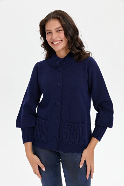 Desen Triko Jachetă scurtă de lână trei sferturi bleumarin - Jachetă de damă ...