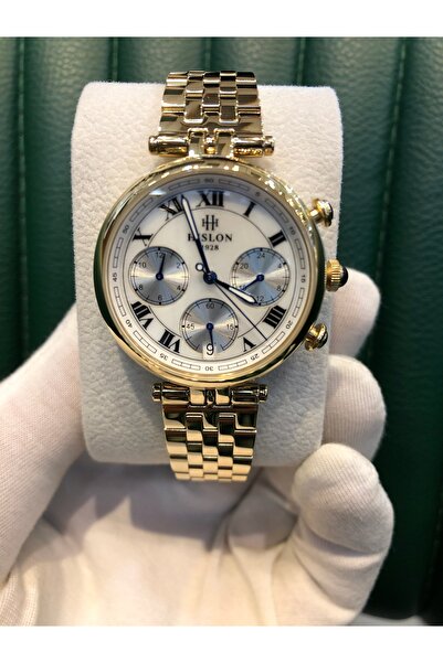 Hislon Çelik Safir Camlı Takvimli Altın Kaplama Su Geçirmez Kadın Kol Saati