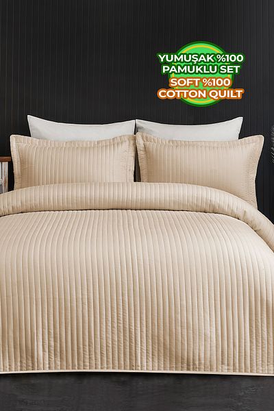 Evlen Home Collection Judy Cotton Bedspread - Double Striped Beige Plain Casual Set