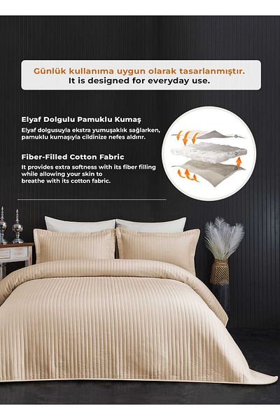 Evlen Home Collection Judy Cotton Bedspread - Double Striped Beige Plain Casual Set