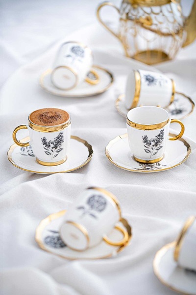 ACAR طقم فناجين قهوة بورسلين ميلودي 6 أشخاص 90 مل 5142 ذهبي موديل-3