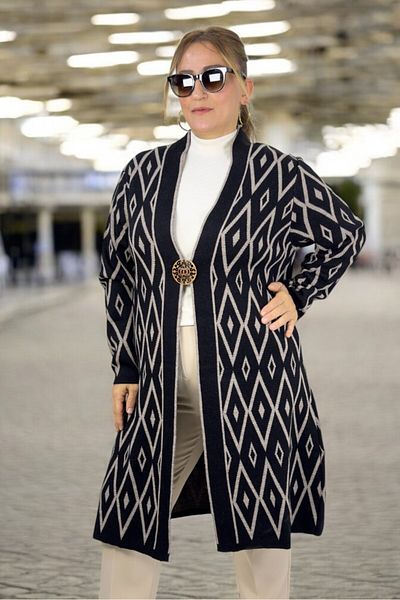 yagmurberen Baklava Patterned Broch Detailed Long Sleeve Shal Collar Large Size Knitting Cardigan