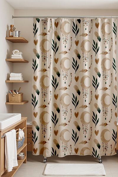 EVPANYA Κουρτίνα μπάνιου - Bohe Crescent Leaves Pattern 175x200cm, Κουρτίνα μπανιέρας