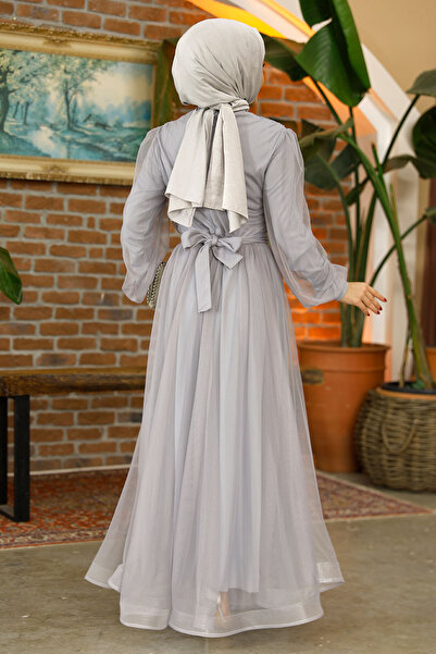 Nursima 6348 Stone Detailed Belted Grain Tulle Fabric, Lined Hijab Evening Dress