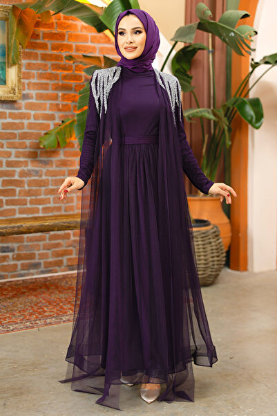 Nursima 6370 Stone Embroidered Tulle Green Skirt with Belt Hijab Evening Dress