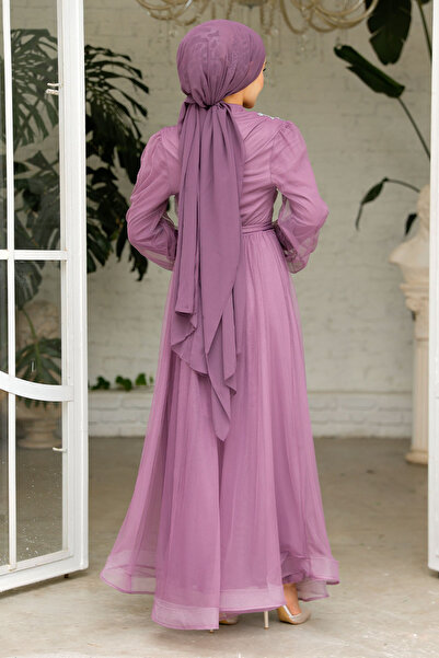 Nursima 6348 Stone Detailed Belted Grain Tulle Fabric, Lined Hijab Evening Dress