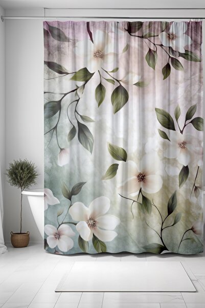 EVPANYA Perdeau de baie, perdea de duș cu model flori de gutui alb, perdea pe...