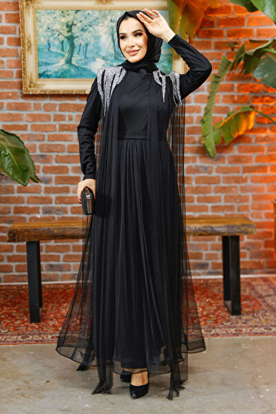 Nursima 6370 Stone Embroidered Tulle Green Skirt with Belt Hijab Evening Dress