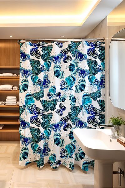 EVPANYA Perdeau de baie, perdea de duș cu model fluturi cer albastru, perdea pentru cadă 175x200cm