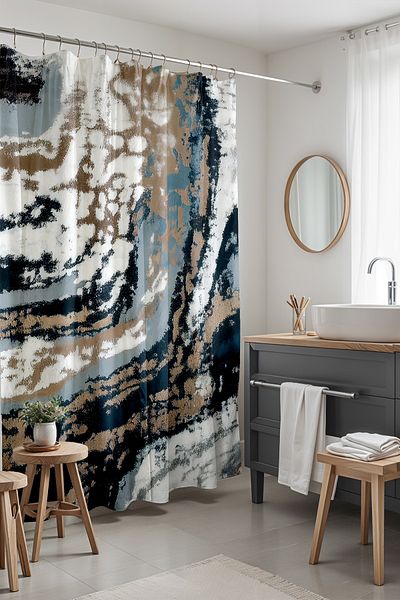EVPANYA Κουρτίνα μπάνιου Abstract Navy Blue Cream με μοτίβο 175x200cm
